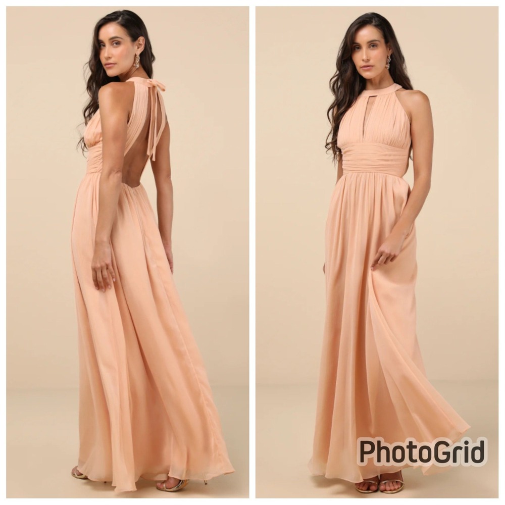 Lulus Sintra Peach Pleated Backless Maxi Dress Size Large